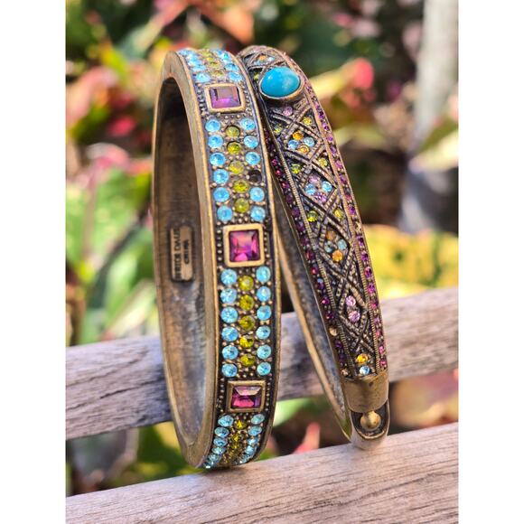 2 Heidi Daus Hinged Bronze Tone Multi Color Swarovski Crystal Bangle Bracelets - Picture 4 of 10